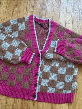 torrid Checkerboard V-Neck Cardigan - Hot Pink/Brown/Cream